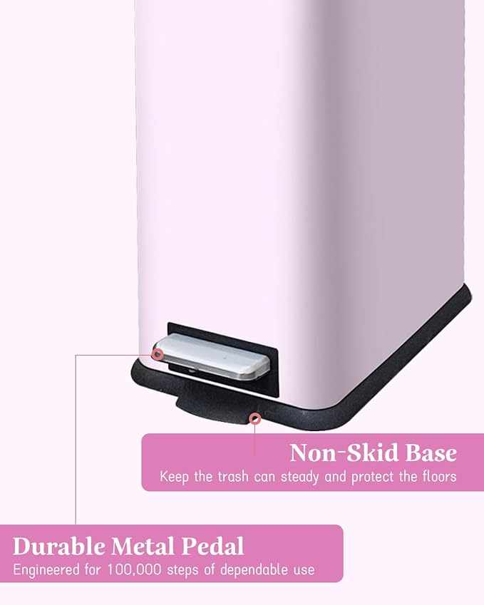 Bathroom Trash Can, 10L/2.6 Gallon Stainless Steel Slim Garbage Can, Pedal Trash Bin with Removable Liner Bucket, Soft Close Lid, Rectangle Trash Bin for Office, Kitchen, Bedroom, Pink