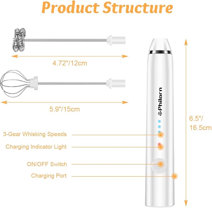 Philorn Milk Frother Wand Handheld Rechargeable Electric Whisk Coffee Drink Mixer, Mini Foamer for Lattes, Cappuccino, Frappe, Matcha, Hot Chocolate, Protein Powder, Keto Diet (White)