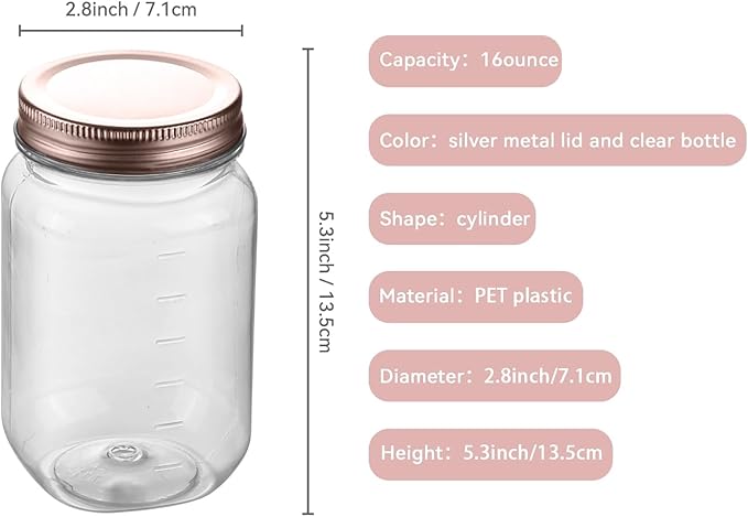 novelinks 16 oz Clear Plastic Jars with Screw-On Lids - BPA-Free Refillable Storage Containers for Slime, Food, Crafts, Kitchen & Household Use (24 Pack,Rose Gold)