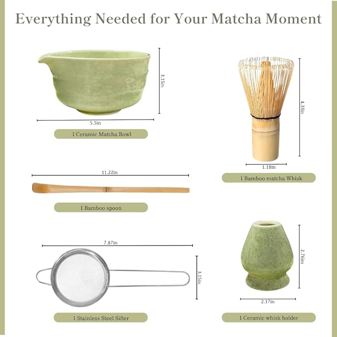 Dreizehn Matcha Whisk Set – 5 Piece Matcha Kit with Bowl, Whisk, Scoop, Sifter & Jar – Japanese Style Tea Set for Making Smooth and Frothy Matcha Green Tea at Home or as a Gift, Mottled Green