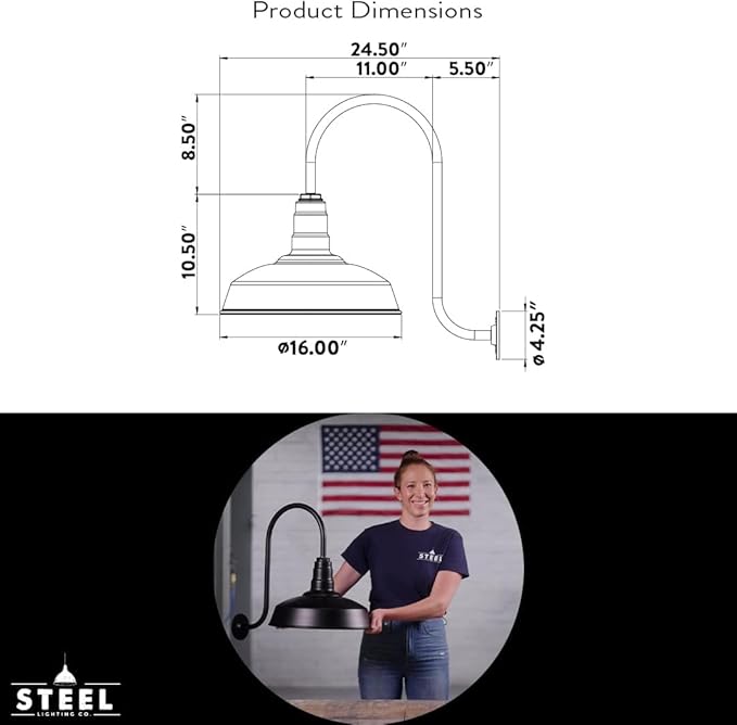 Steel Lighting Co. Gardena Barn Light | Outdoor Wall Mounted | 16" Dome | Upslope Gooseneck | Farmhouse Light Made in America | Dark Bronze Exterior/Dark Bronze Interior
