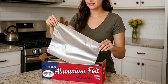 Foilman Thick & Heavy Duty Aluminum Foil Roll with Sturdy Corrugated Cutter Box, Food Safe Cling Wrap for Cooking, Baking, Roasting, Grilling, Freezer Storage - Durable Kitchen Use - 12 in x 300 sq ft
