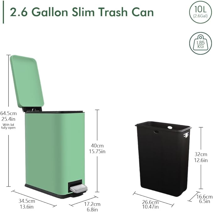 Bathroom Trash Can, 2.6 Gallon Green Trash Can with Soft-Close Lid, Pedal Bin, Inner Buckert, Slim Garbage Can for Home, Kitchen, Laundry Room, Office, Bedroom, Bathroom.