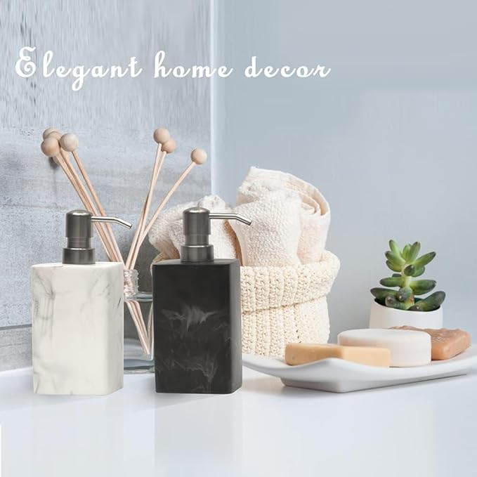 2Pcs Hand Soap Dispenser Sets for Bathroom Countertop,Refillable Marble Texture Resin Stone Liqiud Dish Soap Dispenser for Kitchen Sink-15 Oz/445ml (Black&White)