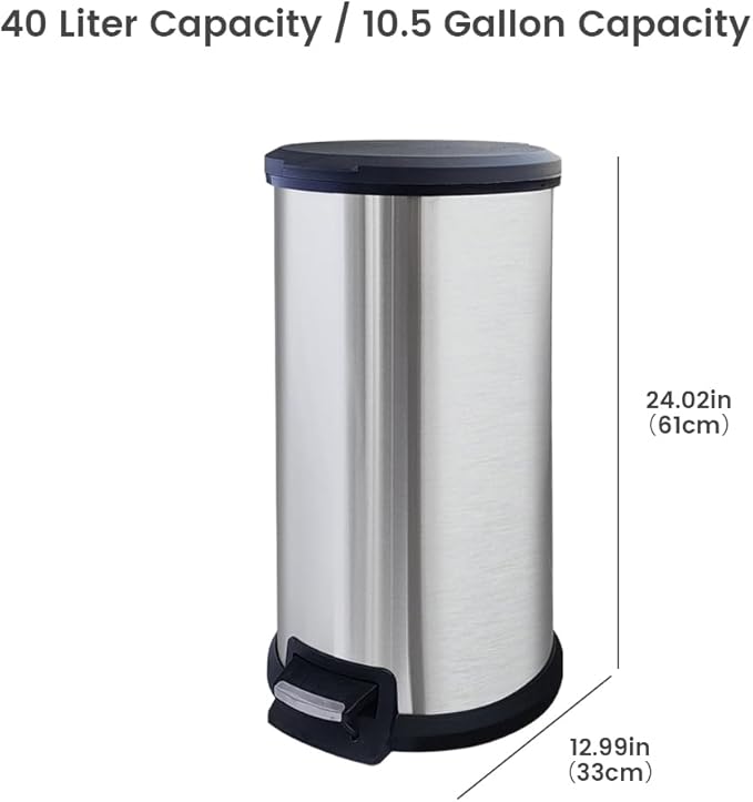 10 Gallon Stainless Steel Trash Can – Round Tall Design, Hands-Free Pedal, Liner-Free with Inner Ring Bag Holder，Rust-Proof for Kitchen, Office, or Bathroom