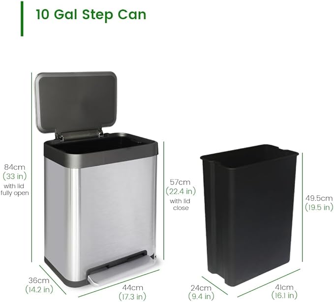 10 Gallon Stainless Steel Trash Can with Removable Inner Bucket, Soft Close & Stay Open Lid, Step-on Pedal – Modern Kitchen Waste Bin