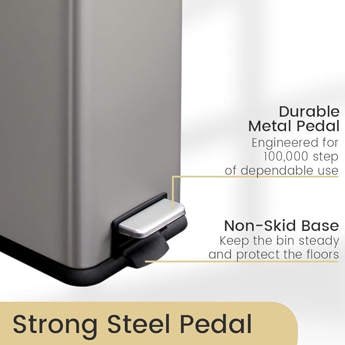 12 Gallon Trash Can with Lid，45L Kitchen Garbage Can,Stainless Steel Trash Can for Narrow Spaces with Soft-Close Lid, Inner Bucket, and Step-on Pedal
