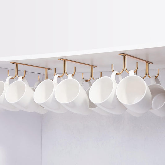 Mug Rack Under Cabinet - Coffee Cup Holder, 12 Mugs Hooks Under Shelf, Display Hanging Cups Drying Hook for Bar Kitchen Utensils Gold