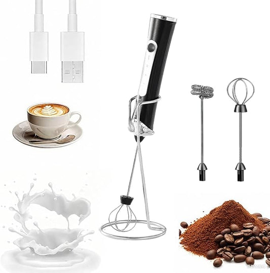 Handheld Milk Frother, Handheld Coffee Whisk, Low-Noise, USB Rechargeable, Black and White Color (Black with Stand)
