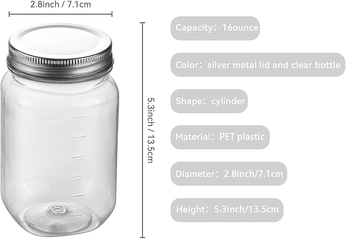 novelinks 16 oz Clear Plastic Jars with Screw-On Lids - BPA-Free Refillable Storage Containers for Slime, Food, Crafts, Kitchen & Household Use (20 Pack,Silver)