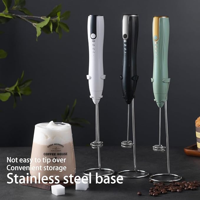 Ruciko Rechargeable 3-Speed Electric Milk Frother,Stainless Steel,Mini Handheld.Quick Type-C Charging for Lattes,Coffee,Egg Whipping & Hot Choc.With Double-Layer Frothing Head & Stand.(white)