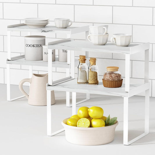 White Marble Kitchen Counter Shelf Organizer, Modern Dish Plate Organizer for Cabinet Space Saver, Small Wood Stackable 2 Tier Office Desktop Shelf Risers for Books Monitor - Set of 4