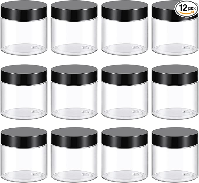 TUZAZO 2 Oz Small Plastic Container Jars with Lids and Labels BPA Free, Empty Round Clear Cosmetic Containers Plastic Slime Jars for Lotion, Cream, Ointments, Samples, Makeup, Travel Storage (12 Pack)