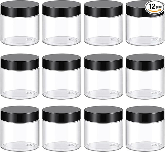 TUZAZO 2 Oz Small Plastic Container Jars with Lids and Labels BPA Free, Empty Round Clear Cosmetic Containers Plastic Slime Jars for Lotion, Cream, Ointments, Samples, Makeup, Travel Storage (12 Pack)