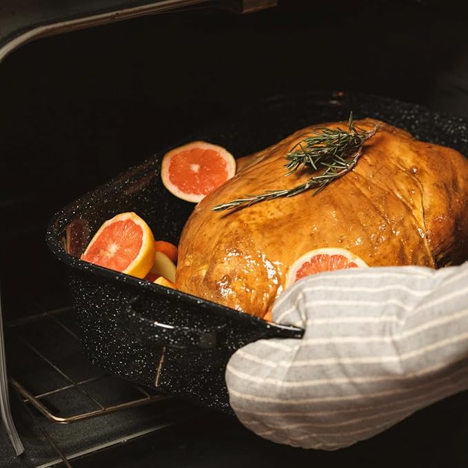 Granite Ware 21-Inch Covered Rectangular Roaster - Enamel Steel Cookware, Nonstick & Chemical-Free, Dishwasher Safe - 25 Lb Capacity, Large Roasting Pan for Meats, Poultry, Vegetables (Speckled Black)