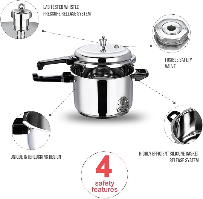 Vinod Pressure Cooker Stainless Steel – Outer Lid - 8 Liter – Induction Base Cooker – Indian Pressure Cooker – Sandwich Bottom – Best Used For Indian Cooking, Soups, and Rice Recipes, Quinoa