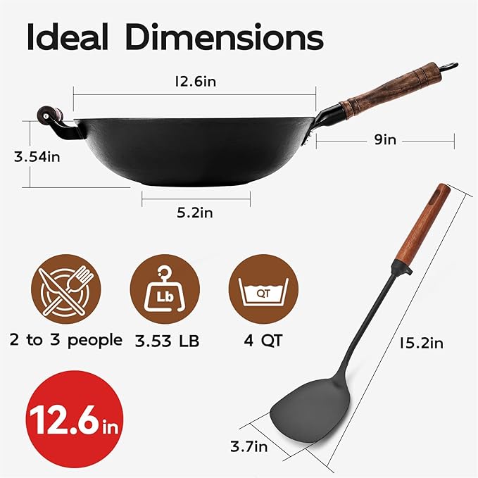 WANGYUANJI 12.6" Chemical-Free Iron Wok with Lid and Iron Spatula, Flat Bottom Stir Fry Pan for All Stovetops