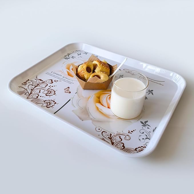Large Serving Platter Melamine Trays 2 Pack Stackable Food Tray with Floral Print for Gift, Party, Decor, Home, Restaurant (Gold Rose, Large)