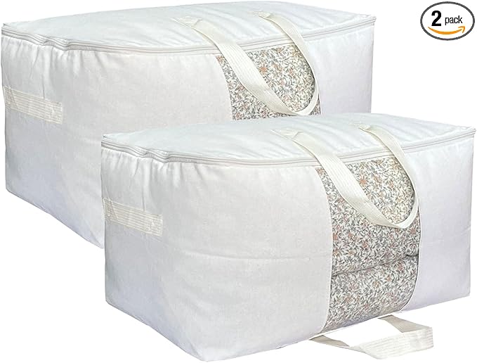 Soft Canvas Clothes Storage Bags with Four Carrying Handles and Clear Window, Closet Organizer for Clothing, Blankets Sheets Pillows and Bedding, 55L, 2 Pack, White