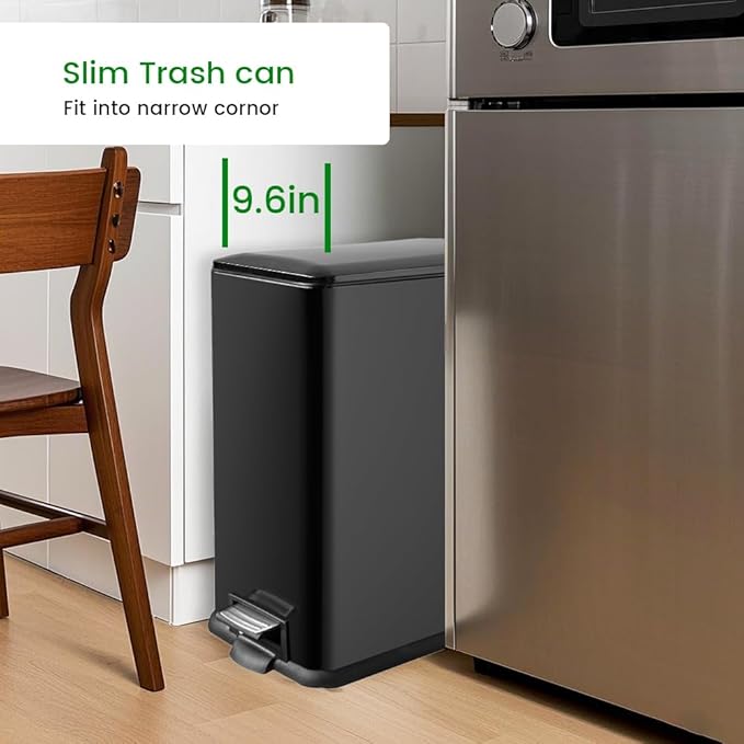 12 Gallon Slim Trash Can with Lid，45 Liter Kitchen Garbage Can,Black Stainless Steel Step Bin for Narrow Spaces with Soft-Close Lid, Inner Bucket, and Step-on Pedal