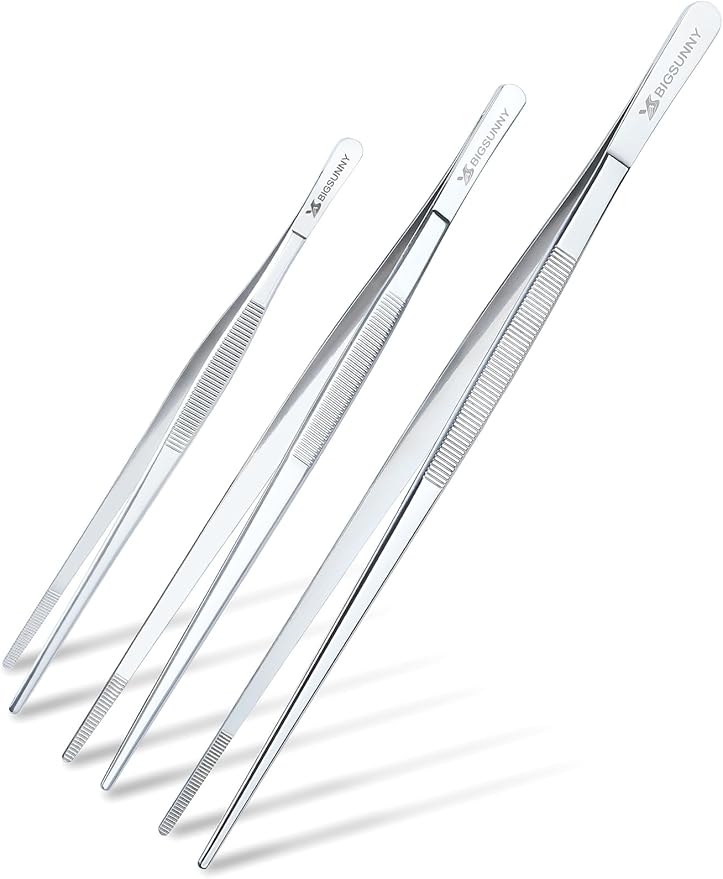 Set of 3 Kitchen Tweezers Fine Tweezer Tongs, MSY BIGSUNNY Stainless Steel Food Tweezers, Precision Serrated Tips Food Tongs (8.5" 10" and 12")