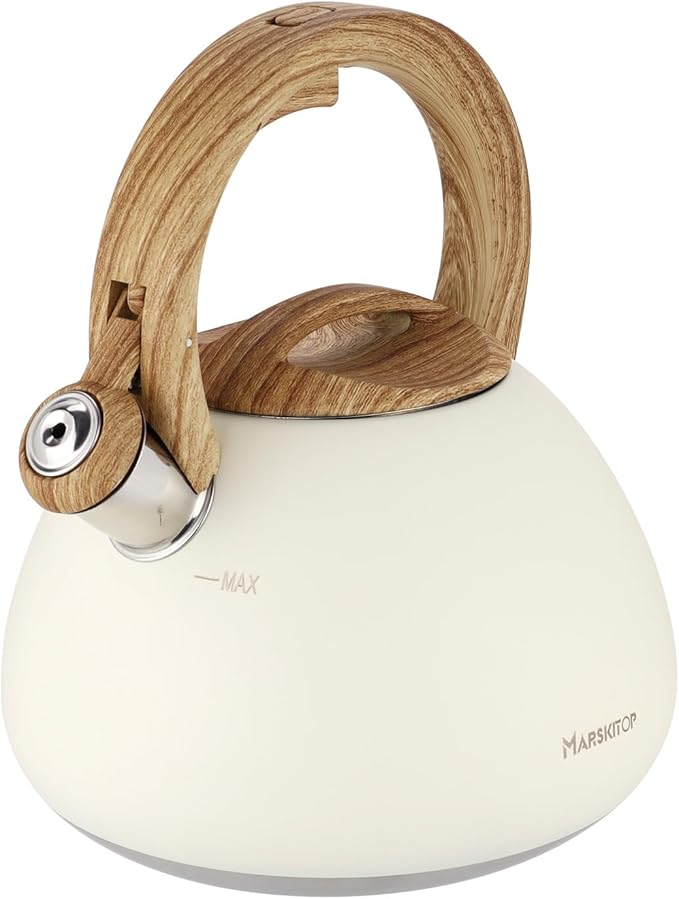MARSKITOP Tea Kettle Tea Pot for Stove, 2.6 Quart Loud Whistling Teapot for Stovetop, Food Grade Stainless Steel Water Kettle Stovetop with Anti-Hot Handle, Cream White