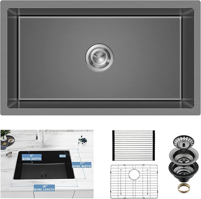 30 Inchs Undermount Kitchen Sinks, 30 x 19 x 9 Inch Black-Grey Single Bowl Sink,16 Gauge Stainless Steel Nano Black Sink with Accessories for Workstation, Prep Kitchen, Bar Sink