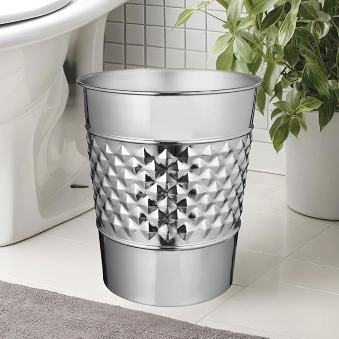 Monarch Abode Nickel Chrome Handcrafted Geometric Embossed Metal Wastebasket for Home, Decorative Waste Basket, Modern Bathroom Garbage Can, Durable & Decorative Trash Bin, Nickel Chrome Trash Can