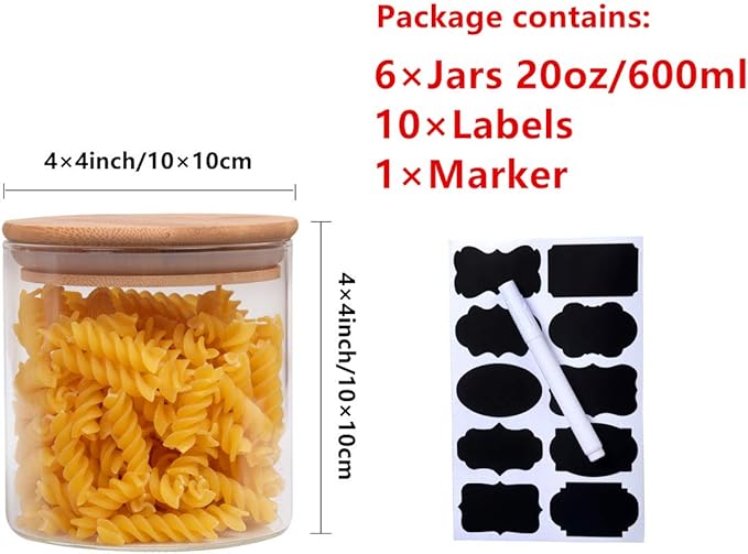 6 Piece Glass Storage Jars Set with Airtight Bamboo Lids and Labels, 20oz/600ml Glass Spice Jars Food Storage Containers for Home Kitchen,Pantry, Tea, Sugar, Salt, Coffee, Flour, Herbs, Grains