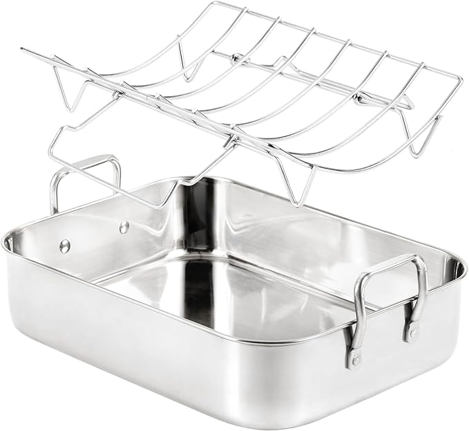 16.5inch Roasting Pan with V-Shape Rack - Stainless Steel Large Turkey Roaster Pan for Turkey, Chicken, Ham Roaster with V-Shaped Baking Rack Heavy Duty Dishwasher Safe, Hold up to 22LB