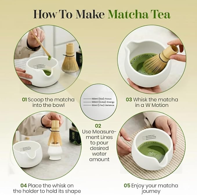 NEXTLUXE Matcha Whisk Set – Traditional Bamboo Chasen with Ceramic Bowl, Measurement Lines, Spoon & Lid – White