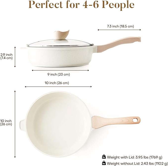 Nonstick Ceramic Deep Frying Pan, 10 Inch Non Toxic Skillet with Lid, Healthy Jumbo Cooker, Saute Pan for Cooking, Induction Cookware, PFOA & PFAS Free (Cream)