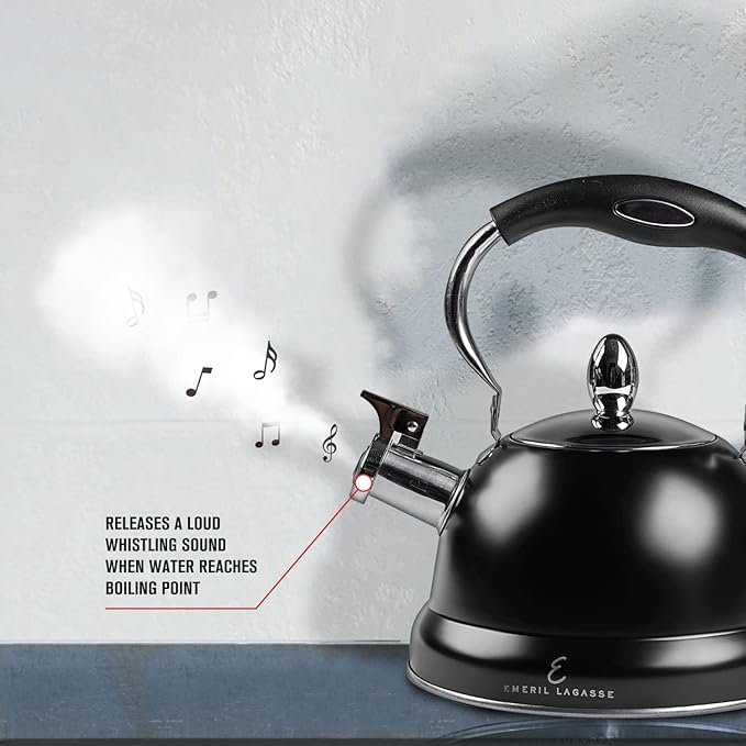 Emeril Lagasse 2.6 Quart/2.5 Liter Whistling Tea Kettle, Stainless Steel Tea Pot for Induction Stove Top, Fast to Boil Water for Home Kitchen Condo, with Ergonomic Cool Folding Grip Handle, Black