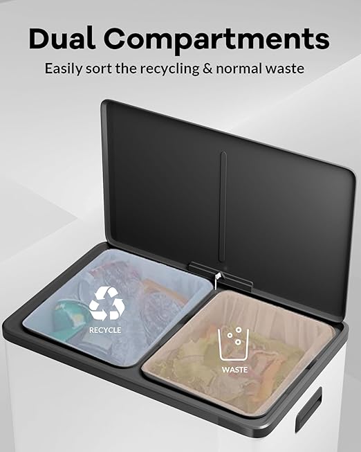 Garvee Dual Trash Can for Recycling and Trash, Stainless Steel Kitchen Trash Can with Lid and Foot Pedal, Double Compartment Garbage Can, with Recycling Bin