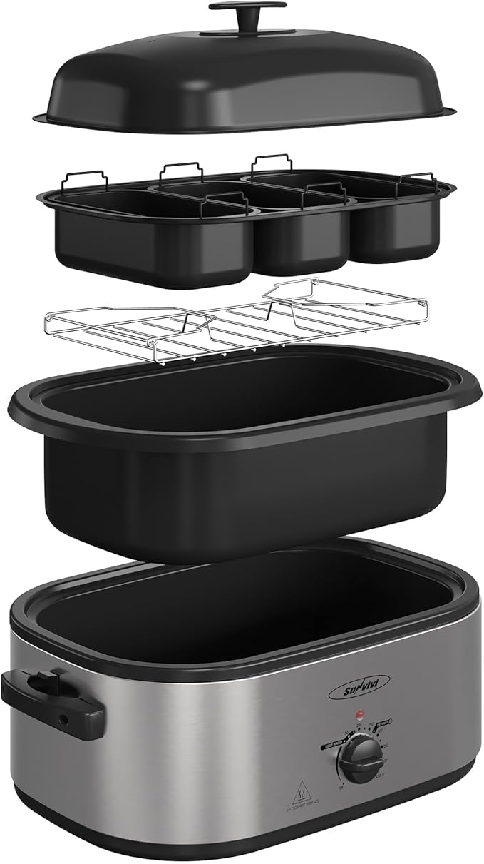 Sunvivi Electric Roaster Oven, 24 QT Turkey Roaster Oven with 3 Bin Buffet Server, 150-450F Full-Range Temperature Control, Removable Pan & Rack, Stainless Steel, Silver