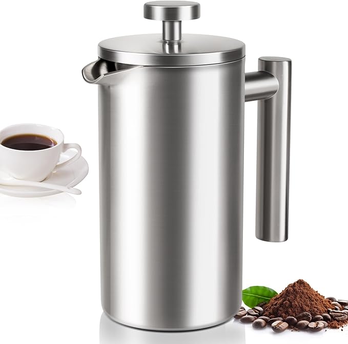12 OZ French Press Coffee Maker, Sturdy Insulated Full Stainless Steel Coffee Press, Mini Small Camping French Presses Maker, 1-2 Cup Teapot for Kitchen Travel Elegant Silver 350ml