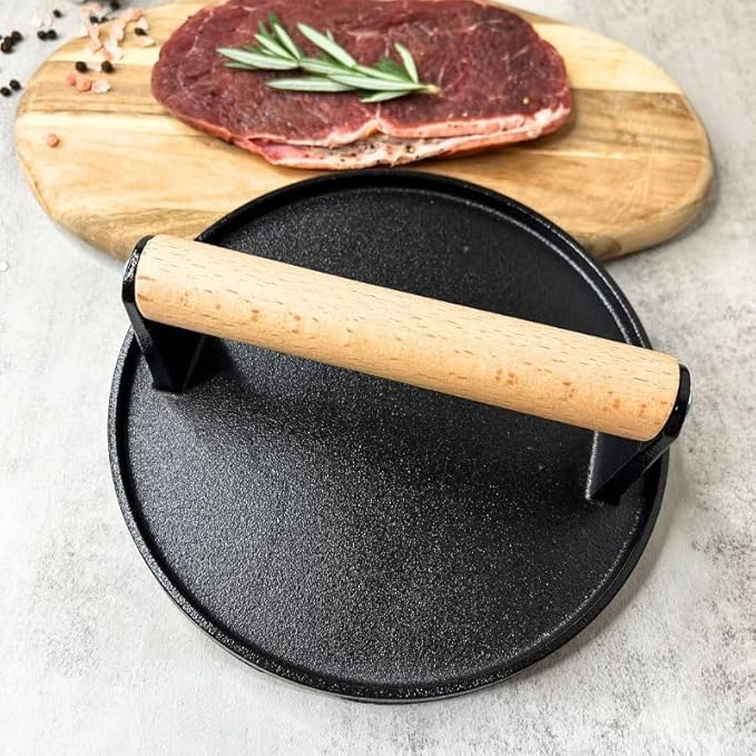 Burger Press 6.9 Inch Round Heavy Duty Cast Iron Hamburger Press with Wooden Handle, Meat Press,Bacon and Steak Meat Press, for Griddle,Barbecue Grilling Tool