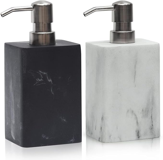 2Pcs Hand Soap Dispenser Sets for Bathroom Countertop,Refillable Marble Texture Resin Stone Liqiud Dish Soap Dispenser for Kitchen Sink-15 Oz/445ml (Black&White)