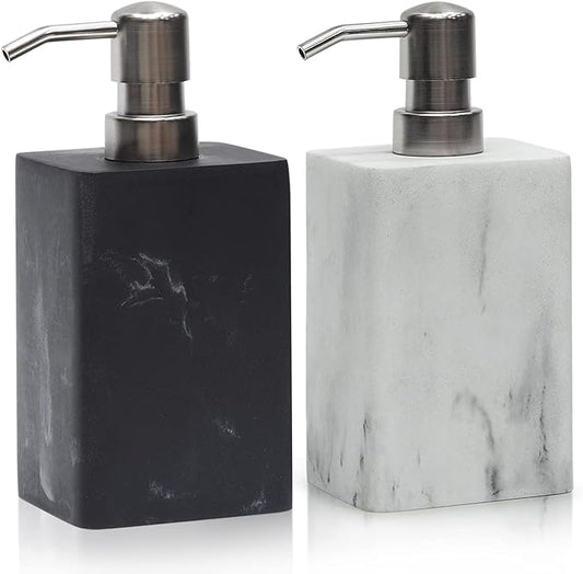 2Pcs Hand Soap Dispenser Sets for Bathroom Countertop,Refillable Marble Texture Resin Stone Liqiud Dish Soap Dispenser for Kitchen Sink-15 Oz/445ml (Black&White)