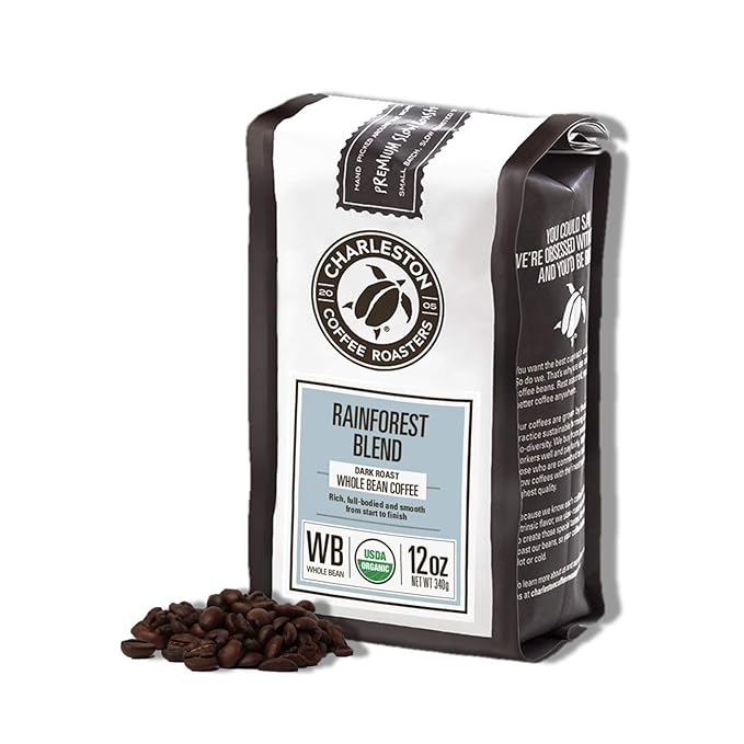 Charleston Coffee Roasters | Specialty Organic Whole Bean Coffee | Hand Picked, Premium Slow Roast | (Rainforest Blend, Dark Roast) 12oz