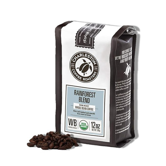 Charleston Coffee Roasters | Specialty Organic Whole Bean Coffee | Hand Picked, Premium Slow Roast | (Rainforest Blend, Dark Roast) 12oz