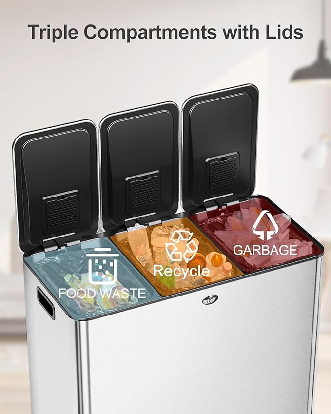 GarveeHome Trash Can 90 L/23.8 gal, Three Compartments Pedal Kitchen Recyclingtrash Bin with Lids,Stainless Steel Garbage Can for Home Office Restaurant School Hospital