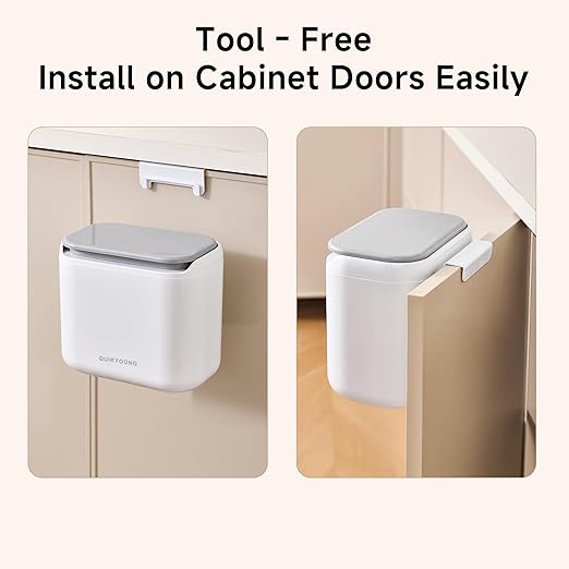 Small Trash Can with Lid, 1.8 Gallon Flip-Top Wall-Mounted Garbage Can, Slim Waste Basket & Compost Bin for Bathroom, Kitchen, Bedroom, Living Room, Office, Laundry - White (1.8 Gel)