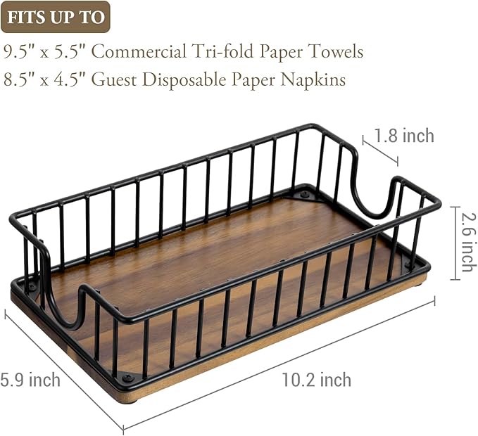 MyGift Modern Metal Wire Bathroom Paper Hand Towel Holder in Brass Tone Finish, Guest Bathroom Countertop Vanity Disposable Folded Trifold, C-fold, (Wood)