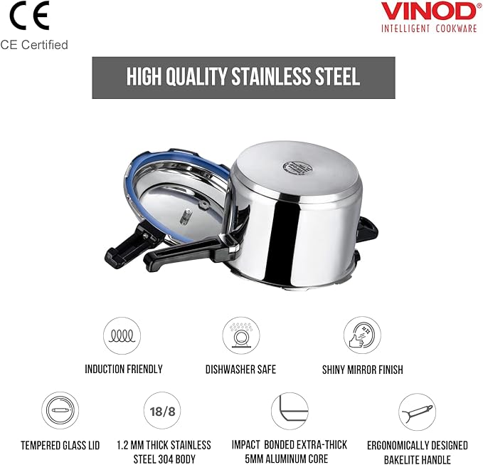 Vinod Pressure Cooker Stainless Steel – Outer Lid - 8 Liter – Induction Base Cooker – Indian Pressure Cooker – Sandwich Bottom – Best Used For Indian Cooking, Soups, and Rice Recipes, Quinoa