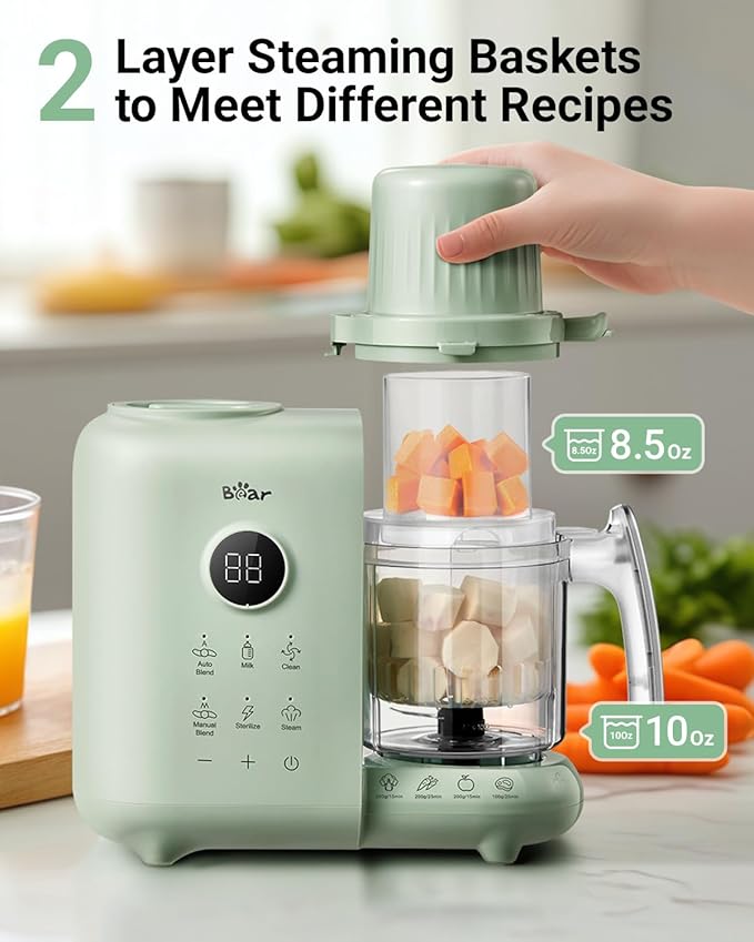 Bear Baby Food Maker with Two Layer Steam Baskets, One Step Baby Food Processor Steamer Puree Blender, Baby Food Mill with Bottle Warming Sterili-zing Auto Cleaning Function, BPA-Free