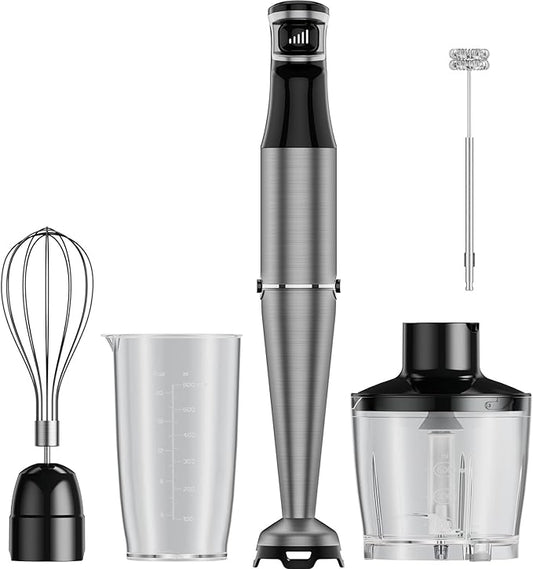 Immersion Blender handheld Powerful 1000W 5 in 1 Hand Blender Corded Hand Mixer Heavy-Duty Stainless Steel Blades Handheld Blender with Milk Frother, Egg Whisk, 600ml Beaker, 500ml Chopper