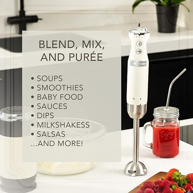 Westinghouse Hand Blender - 5-Speed Immersion Blender with Turbo Function, Stainless Steel Blades & Rod, 500W Power, Detachable Easy Clean Design, Best for Smoothies & Soups - Retro Appliance, White