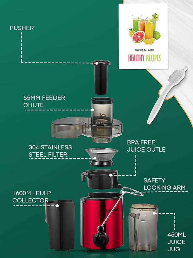 Juicer Machine, HOUSNAT Centrifugal Juicer 400 W Motor, 65MM Wide Chute for Whole Fruit and Vegetables, Juice Extractor with 3 Speeds, Upgraded Version Quick Juicing, Easy to Clean, BPA Free, Rot