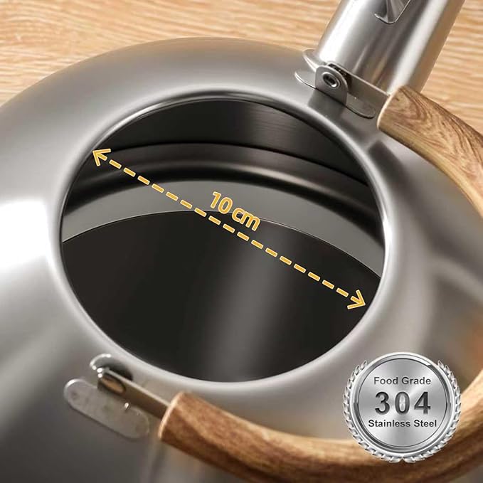 Tea Kettle, 18/8 Stainless Steel Whistling Teapot, 3.17 Quart Camping Tea Kettle for Stovetop, Water Coffee Pot with Anti-Hot Wood Handle (3L,Silver)